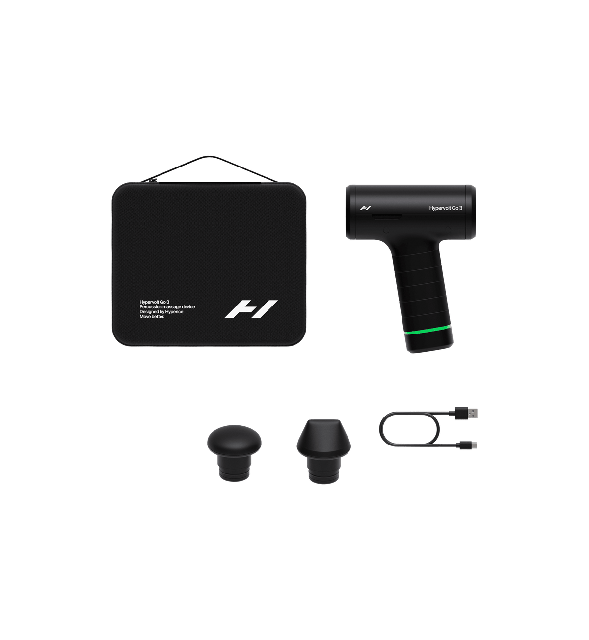 Hypervolt Go 3 massagepistol: indhold i æsken