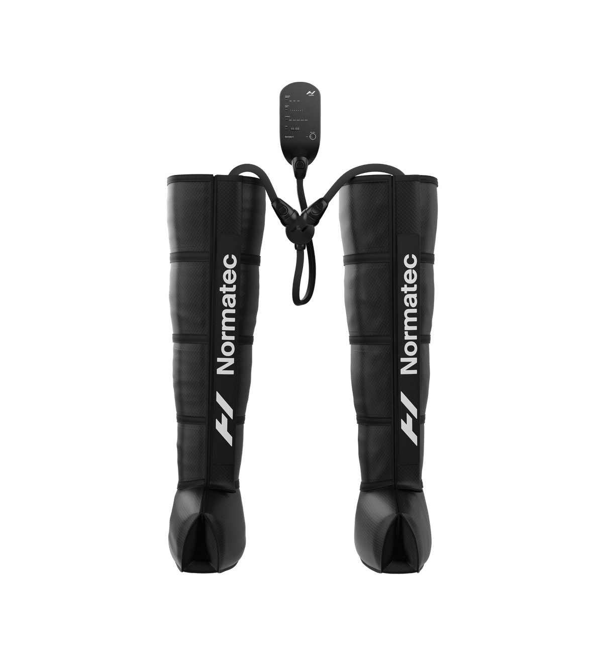 Sorte Normatec 3 Legs recovery boots på en transparent baggrund